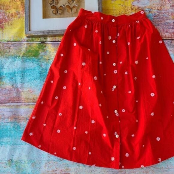 Ban.do Red Easy Button Up Daisy Floral A-line Pocket Cotton Midi Skirt S/M - Picture 5 of 9